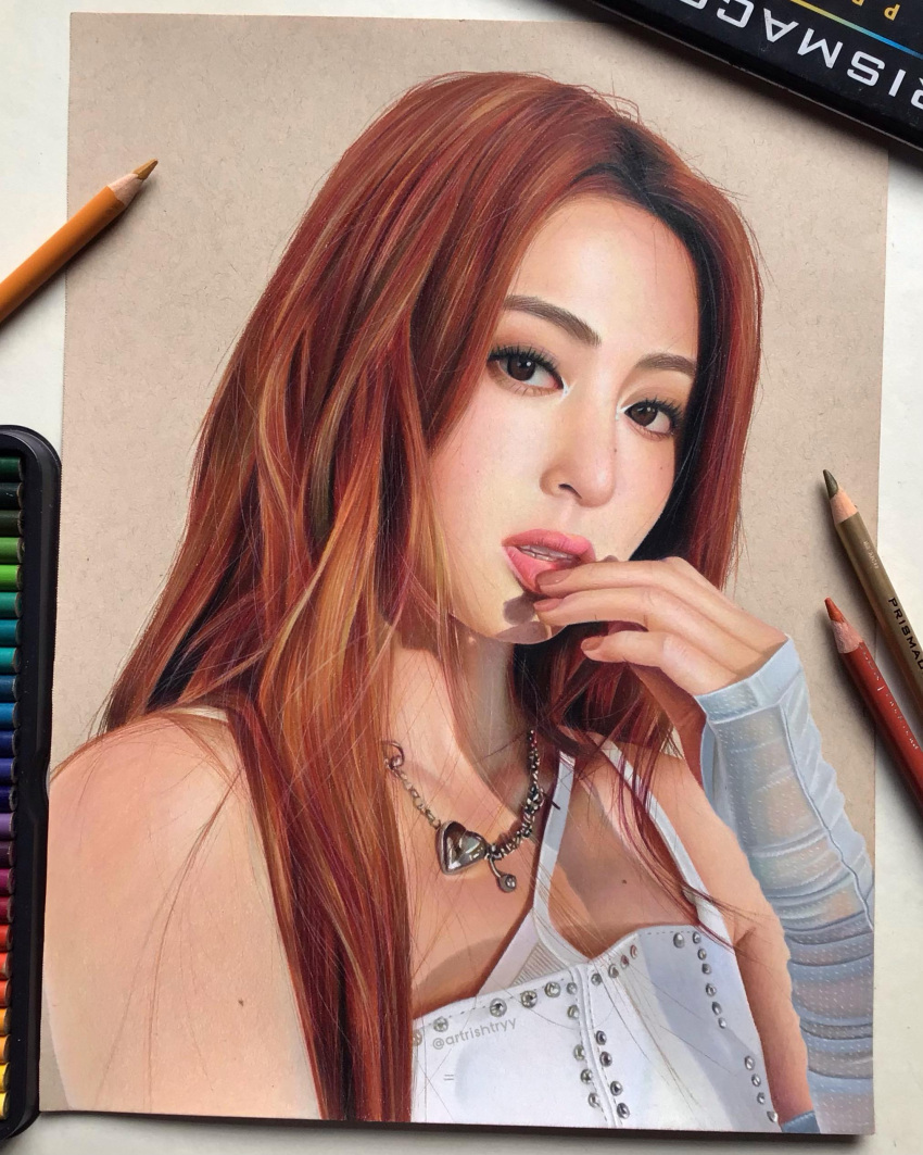 1girl, absurdres, art_tools_in_frame, artrishtryy, asian, blue_gloves, brown_eyes, brown_hair