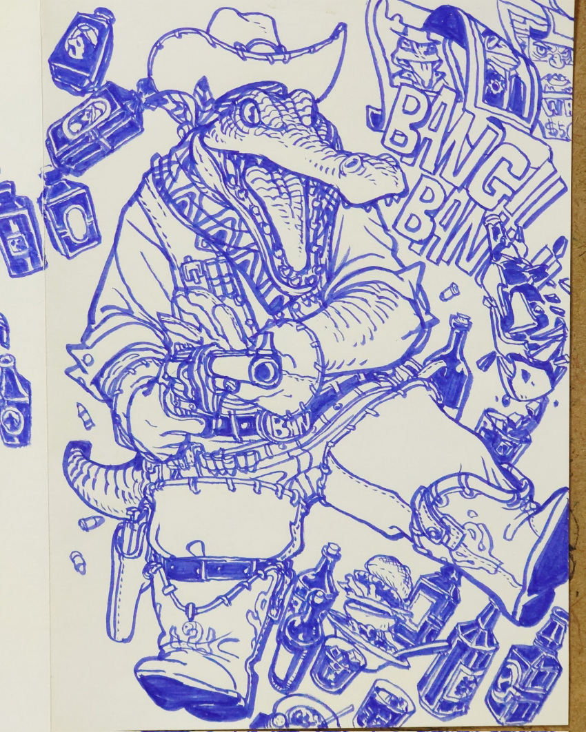 1boy, bandana, bandana_around_neck, belt, belt_buckle, boots, bottle, broken_bottle