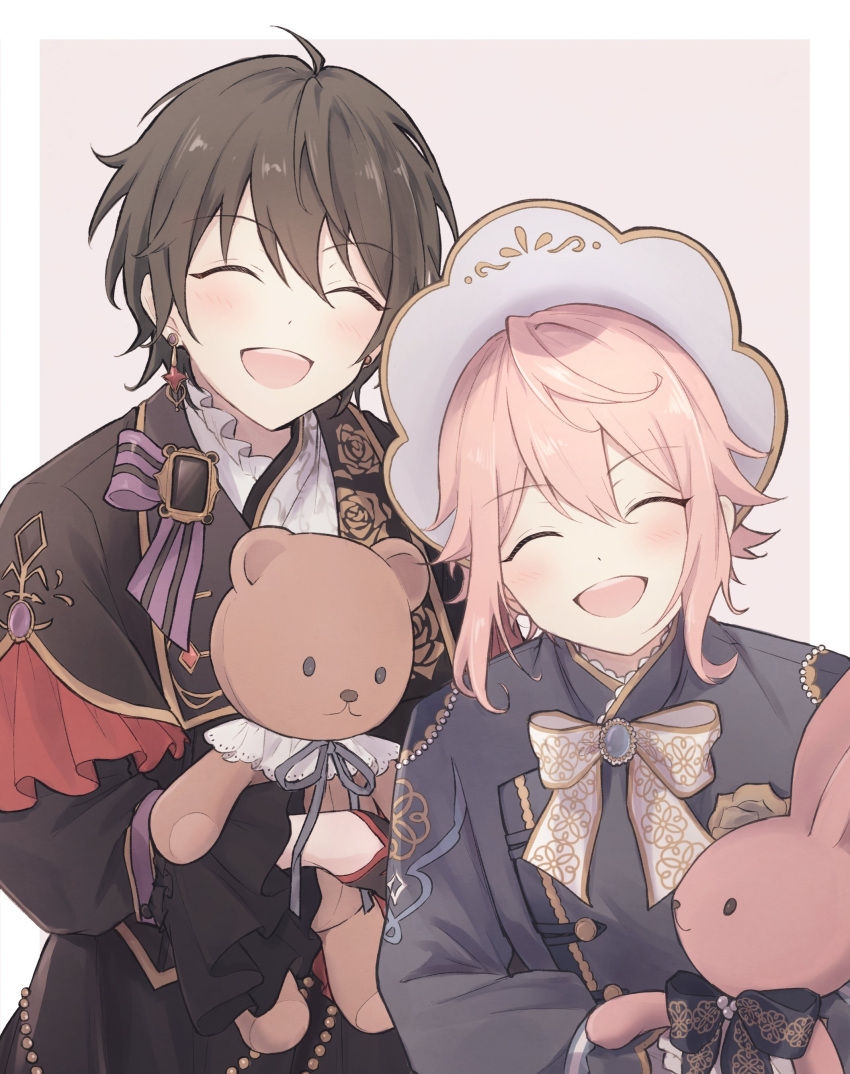 2boys, :d, ^_^, absurdres, androgynous, behind_another, bishounen, bonnet