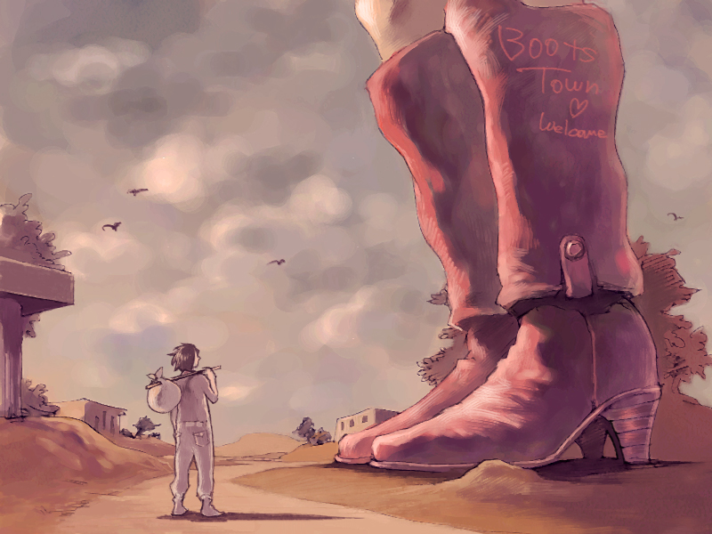 bindle, bird, black_hair, boots, clothes_writing, denim, giant, giantess
