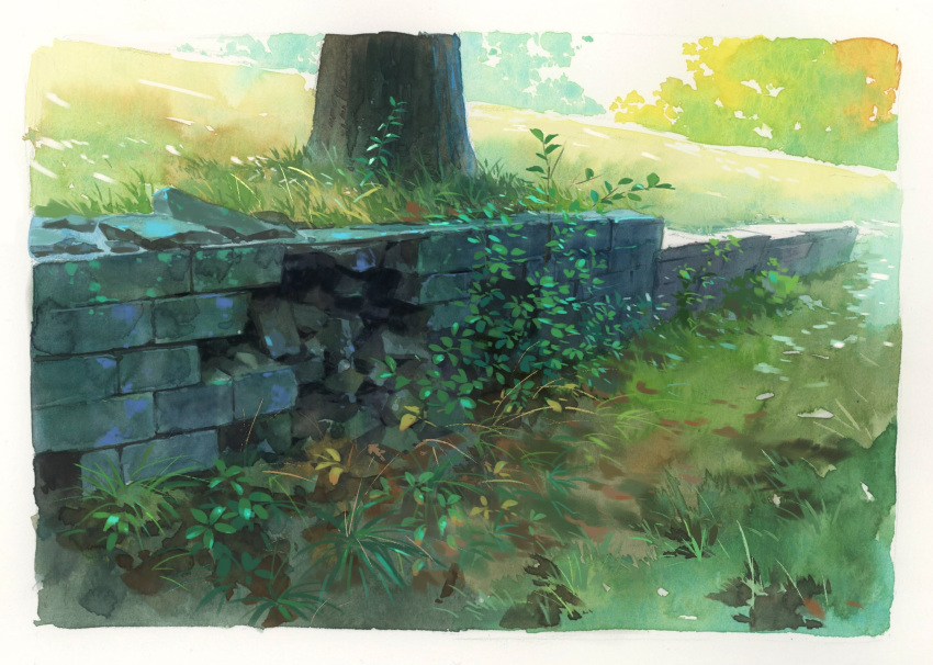 abandoned, brick_wall, broken, day, grass, highres, hill, no_humans