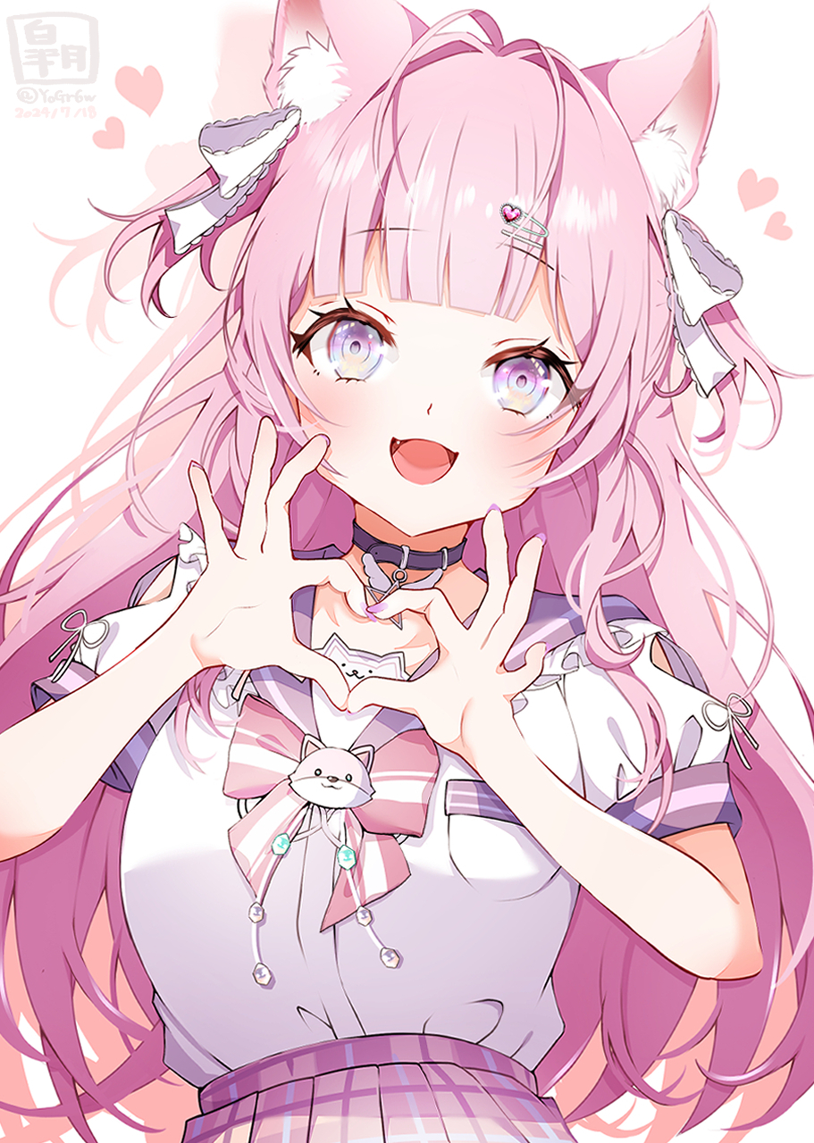 1girl, animal_ear_fluff, animal_ears, antenna_hair, arm_cutout, belt, belt_collar, blue_eyes, blush, bow, breasts, choker, collar, collarbone, commentary, commentary_request, dated, fang, fingernails, frilled_sailor_collar, frills, gradient_eyes, hair_intakes, hair_ornament, hair_ribbon, hairclip, hakui_koyori, hakui_koyori_(4th_costume), heart, heart_hair_ornament, heart_hands, highres, hololive, kokoro_(hakui_koyori), large_breasts, long_hair, looking_at_viewer, multicolored_eyes, nail_polish, open_mouth, pink_background, pink_bow, pink_eyes, pink_hair, pink_nails, pink_sailor_collar, pink_skirt, plaid_clothes, plaid_skirt, purple_belt, purple_choker, purple_collar, ribbon, sailor_collar, satsuki_(pixiv_742410), school_uniform, serafuku, shadow, short_sleeves, signature, skirt, smile, solo, star_ornament, striped_bow, twitter_username, two-tone_bow, two_side_up, virtual_youtuber, white_bow, white_ribbon, white_serafuku, wing_collar, wolf_ears, wolf_girl