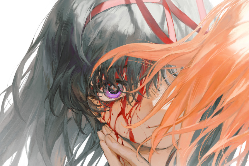 2girls, absurdres, akemi_homura, black_hair, bleeding_from_forehead, blood, blood_on_face, chinese_commentary, close-up, commentary_request, hairband, highres, kaname_madoka, lanmi_lemmy, light_smile, long_hair, looking_at_viewer, mahou_shoujo_madoka_magica, mahou_shoujo_madoka_magica_(anime), multiple_girls, one_eye_covered, pink_hair, portrait, procreate_(medium), red_hairband, red_ribbon, ribbon, violet_eyes, white_background