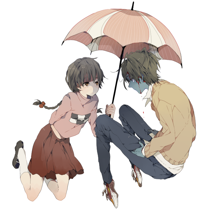 blood, braid, brown_hair, denim, depressed, green_hair, green_skin, hands_in_pockets
