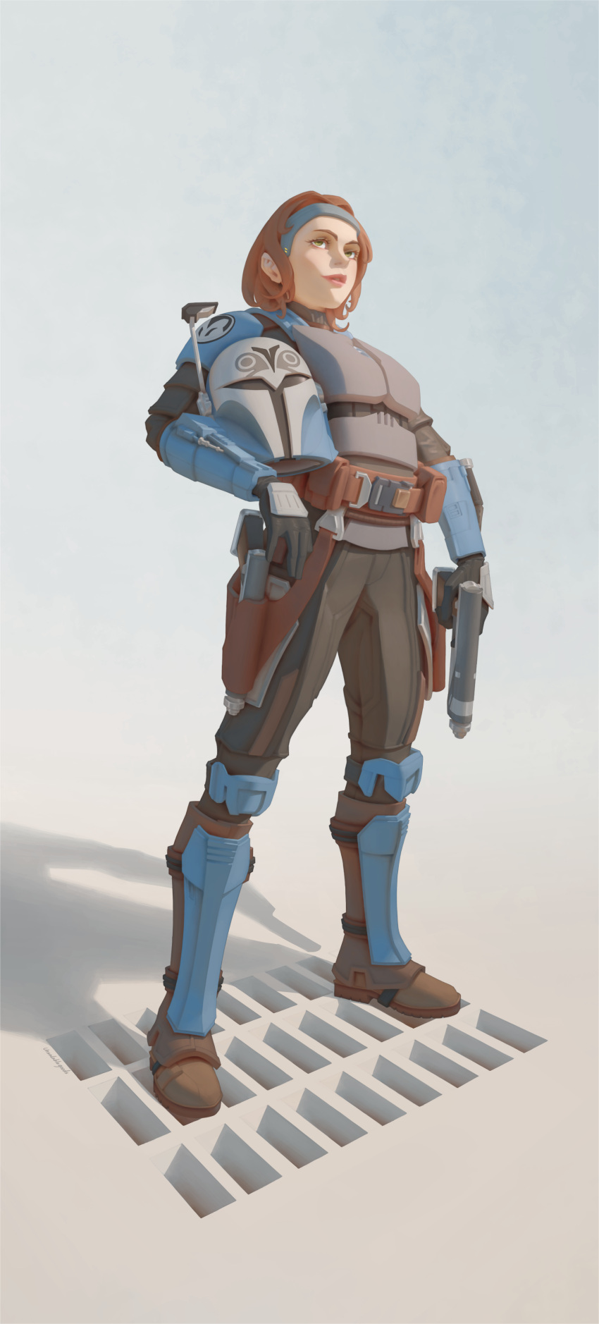 1girl, absurdres, armor, black_gloves, black_pants, blue_hairband, bo-katan_kryze, boots