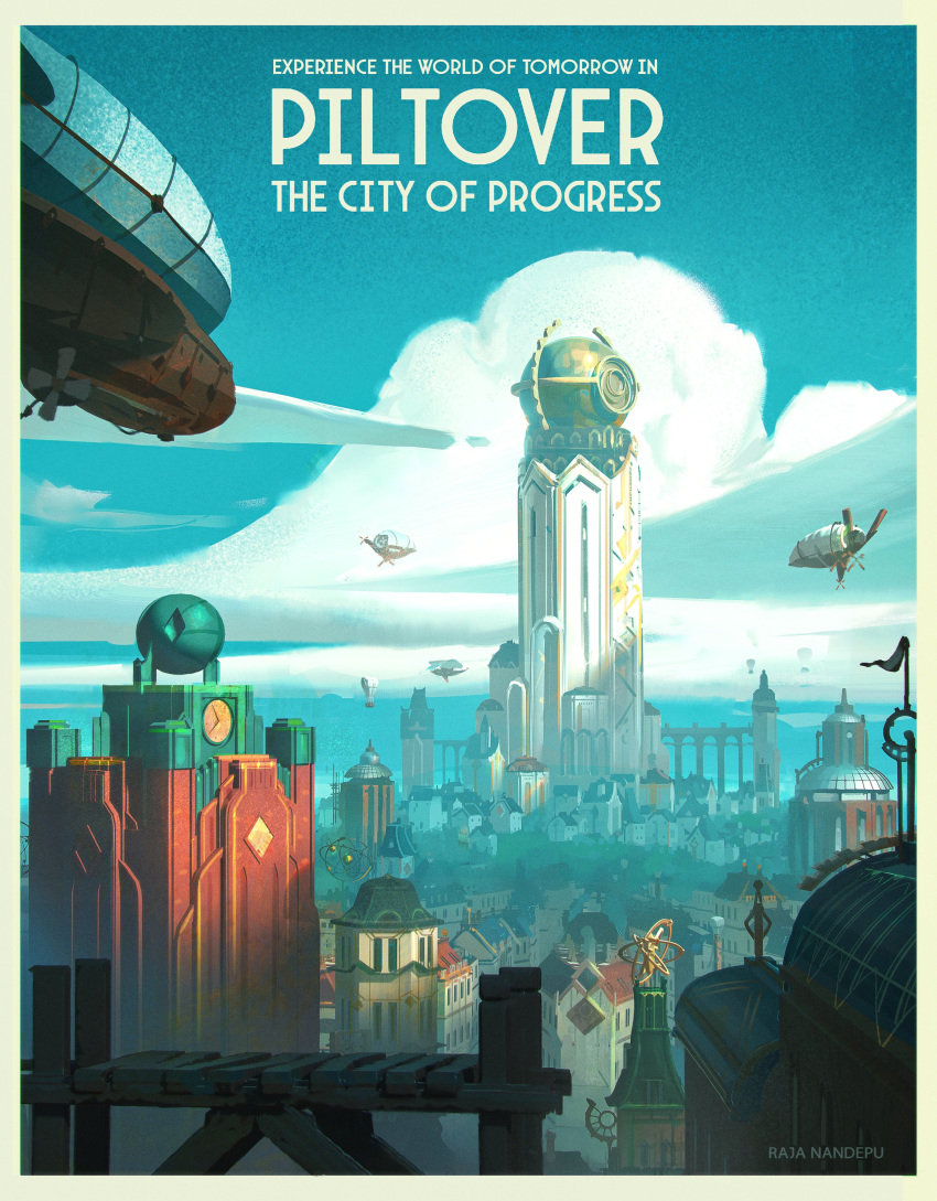 absurdres, aircraft, airship, arcane:_league_of_legends, architecture, artist_name, building, city, cityscape, clock, clock_tower, dirigible, english_text, highres, league_of_legends, no_humans, ocean, piltover, poster_(medium), raja_nandepu, science_fiction, tower, water