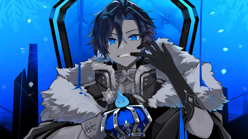 1boy, black_eyes, black_gloves, blue_crown, coat, crown, food, fruit