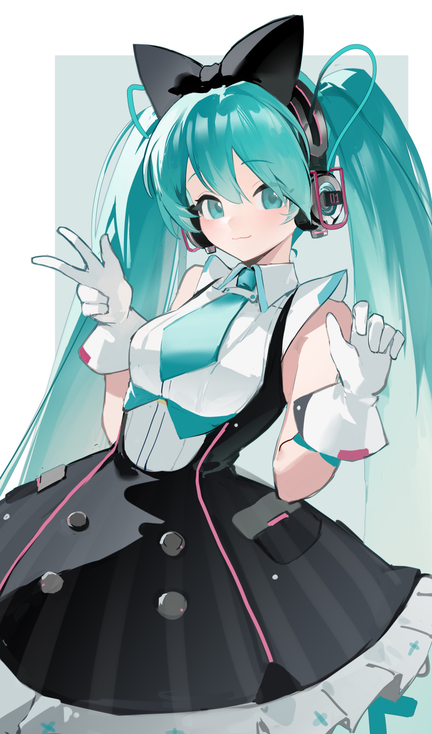 1girl, :3, absurdres, aqua_eyes, aqua_hair, aqua_necktie, black_bow, black_dress