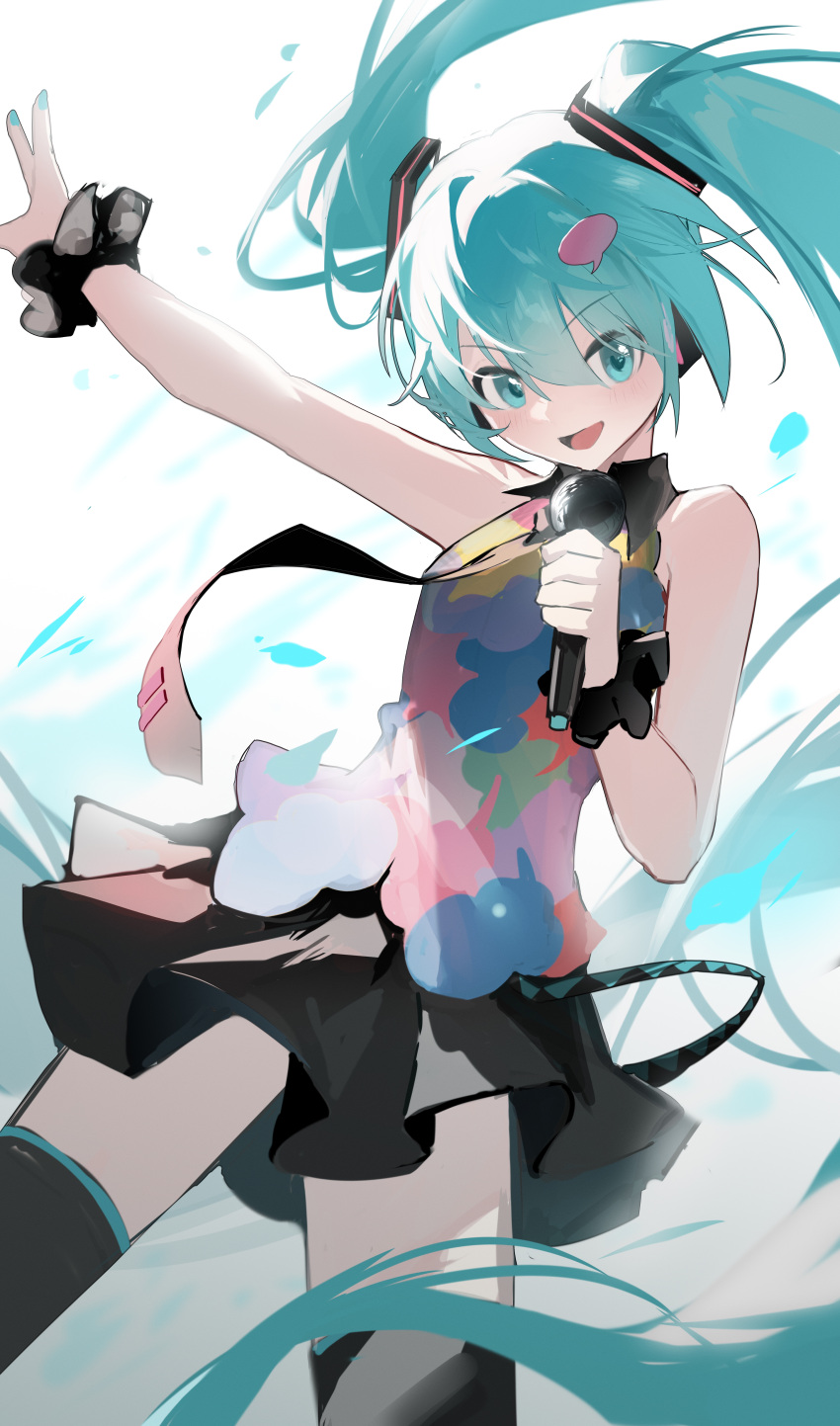 1girl, absurdres, aqua_eyes, aqua_hair, aqua_nails, black_thighhighs, commentary, hair_ornament
