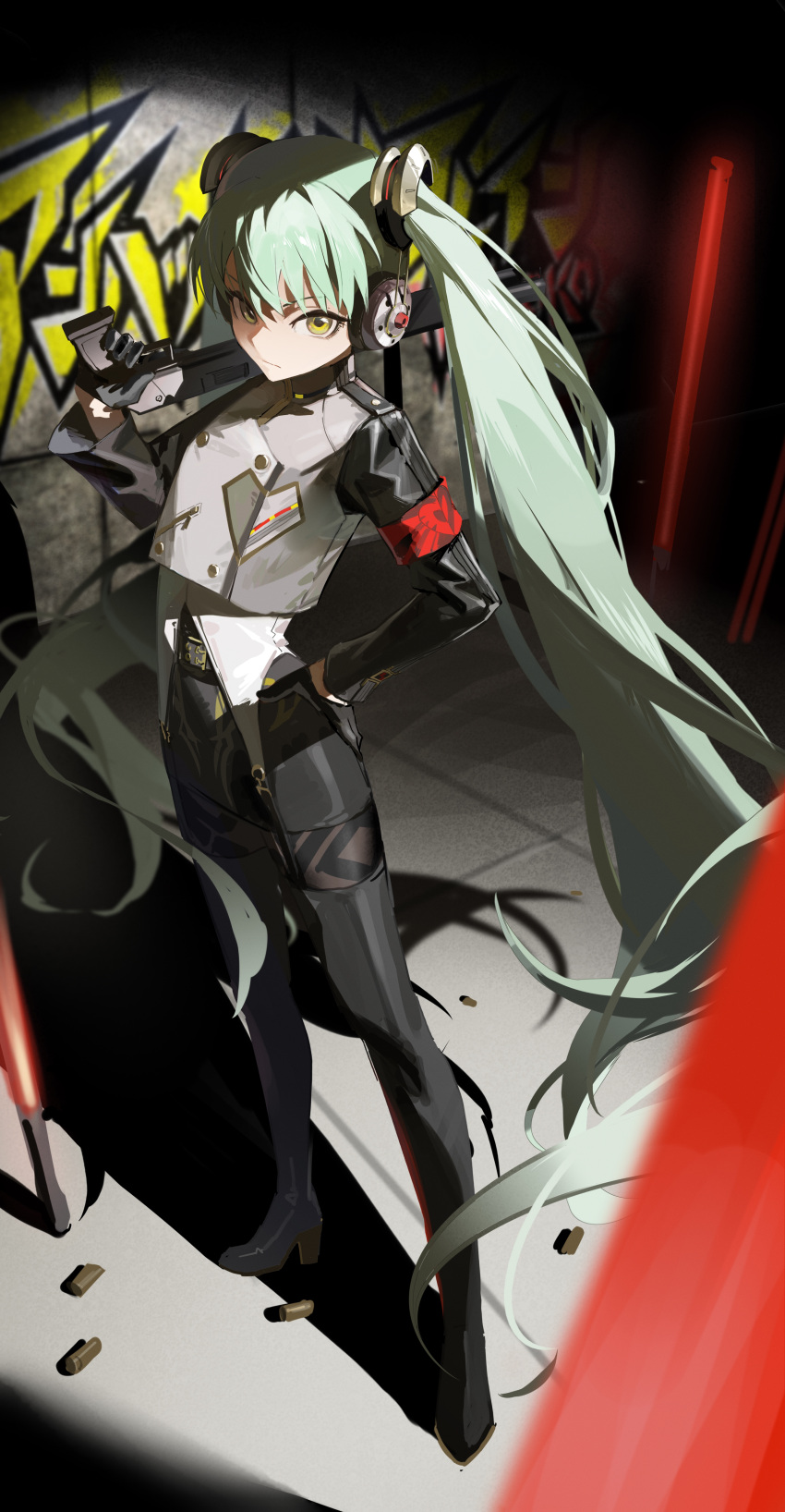 1girl, absurdres, agitation_(module), aqua_hair, armband, black_gloves, boots, commentary, gloves, graffiti, gun, hand_on_own_hip, hatsune_miku, headphones, high_heel_boots, high_heels, highres, holding, holding_gun, holding_weapon, jiu_ye_sang, long_hair, looking_at_viewer, over_shoulder, project_diva_(series), shell_casing, shotgun, solo, standing, thigh_boots, twintails, unhappy_refrain_(vocaloid), very_long_hair, vocaloid, weapon, weapon_over_shoulder, yellow_eyes