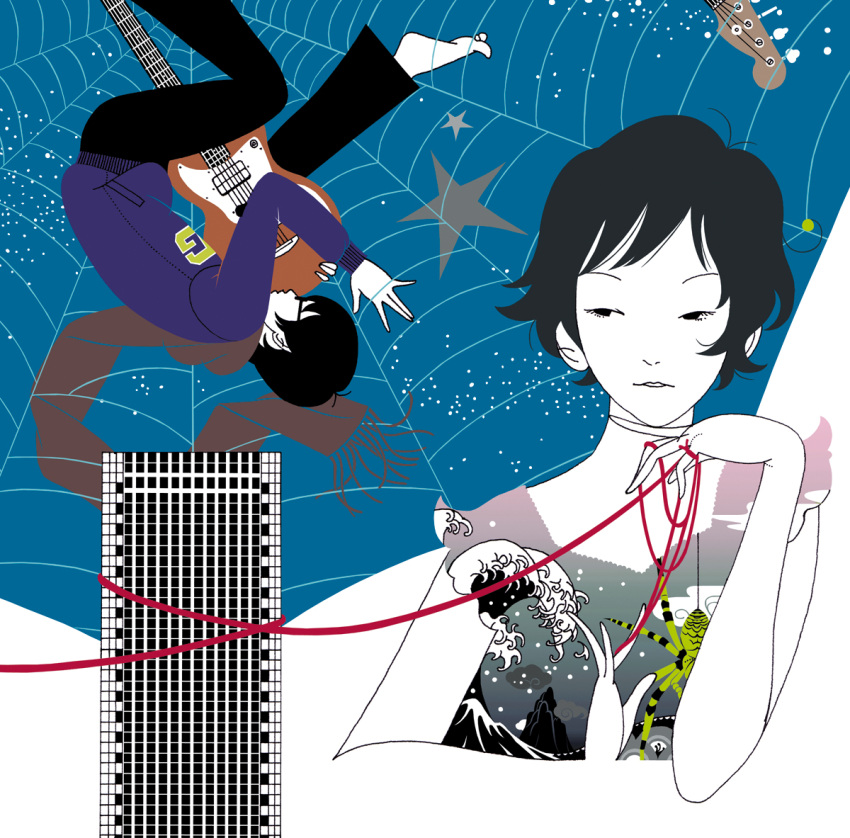 1boy, 1girl, \||/, album_cover, animal_print, antenna_hair, asian_kung-fu_generation, barefoot, black_eyes, black_hair, black_pants, blending, blue_background, building, cover, cropped_torso, double_exposure, electric_guitar, floating, foot_out_of_frame, fringe_trim, grey_hair, guitar, half-closed_eyes, hand_up, instrument, kanagawa_okinami_ura, long_sleeves, looking_at_another, nakamura_yuusuke, pants, parted_lips, print_shirt, print_sweater, purple_sweater, scarf, shirt, short_bangs, short_hair, short_sleeves, spider_print, spider_web_background, star_(symbol), string, string_of_fate, sunglasses, sweater, text_print, upside-down, white_background