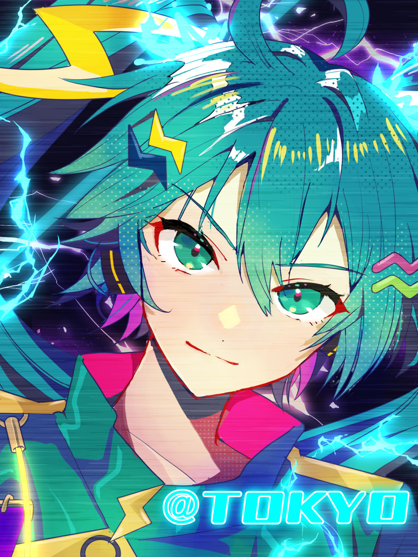 1girl, @_(symbol), aqua_hair, commentary, double-parted_bangs, english_text, green_eyes, green_hair