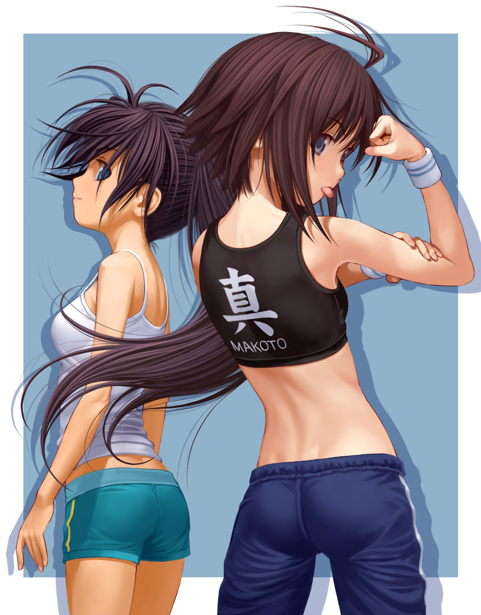:p, antenna_hair, ass, back, black_eyes, black_hair, blue_eyes, flex, from_behind, ganaha_hibiki, highres, idolmaster, idolmaster_2, kanji, kikuchi_makoto, looking_back, midriff, multiple_girls, nekopuchi, ponytail, profile, short_hair, shorts, smile, tomboy, tongue, wristband