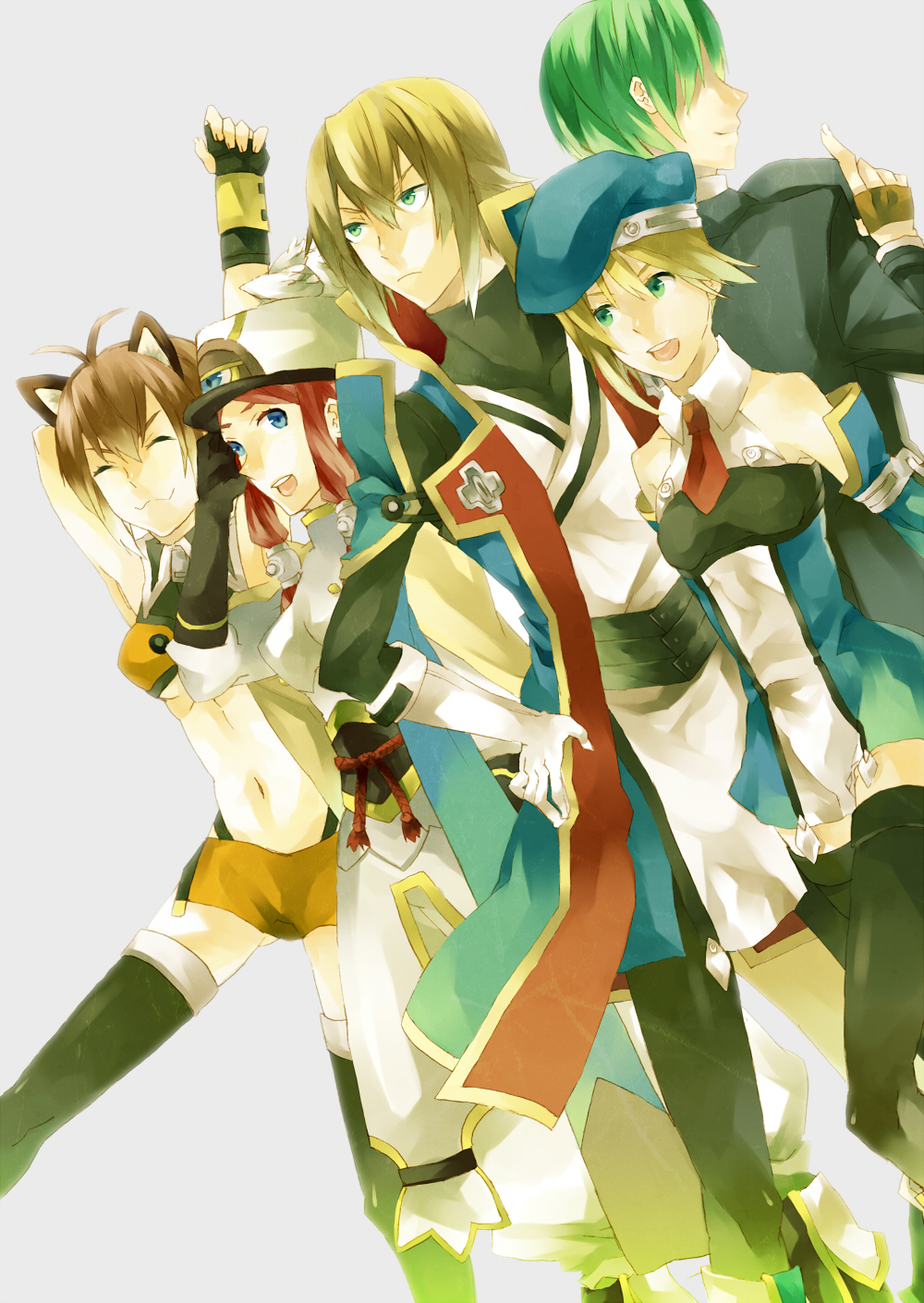blazblue, blonde_hair, blue_eyes, brown_hair, closed_eyes, fujino_sato, green_eyes, green_hair, hat, hazama, highres, jin_kisaragi, makoto_nanaya, noel_vermillion, red_hair, redhead, thighhighs, tsubaki_yayoi