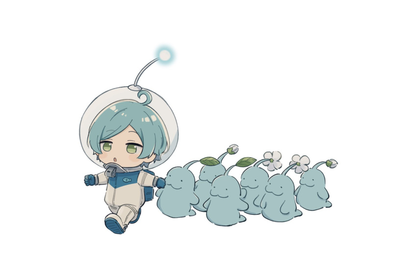 1boy, :o, ahoge, alph_(pikmin), alph_(pikmin)_(cosplay), behind_another, chibi, chibi_only