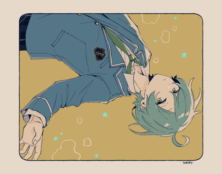 1boy, ahoge, black_pants, border, closed_mouth, ensemble_stars!, green_necktie, hand_up