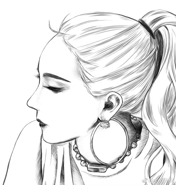 1girl, 2ne1, cl_(rapper), closed_eyes, from_side, gravity_(sandaodaodao), greyscale, hair_behind_ear, hoop_earings, jewelry, k-pop, monochrome, necklace, painttool_sai_(medium), ponytail, profile, realistic, shirt, simple_background, sketch, sleeveless, sleeveless_shirt, solo, white_background
