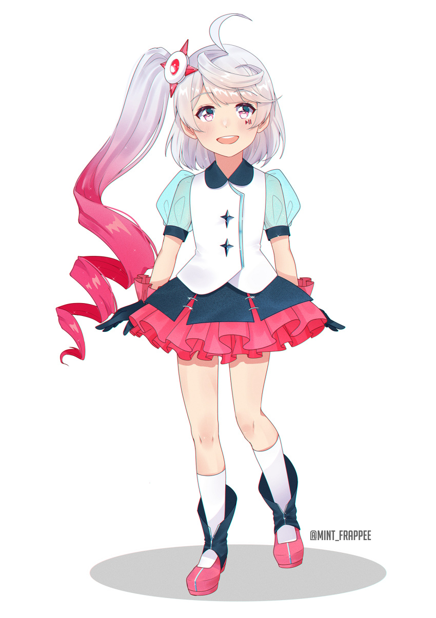 1girl, ahoge, alternate_hairstyle, black_gloves, black_skirt, boots, collared_shirt, drill_hair, drill_ponytail, english_commentary, facial_mark, frilled_gloves, frilled_skirt, frills, gloves, gradient_hair, hair_ornament, highres, huge_ahoge, long_hair, looking_at_viewer, maika_(vocaloid), mint_frappee, multicolored_hair, open_mouth, pink_eyes, pink_footwear, pink_trim, ponytail, puffy_short_sleeves, puffy_sleeves, see-through, see-through_sleeves, shadow, shirt, short_sleeves, simple_background, skirt, smile, socks, solo, teeth, twitter_username, upper_teeth_only, very_long_hair, vocaloid, white_background, white_shirt, white_socks