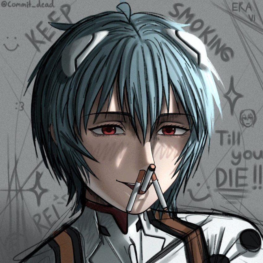 1girl, ayanami_rei, blue_hair, bodysuit, character_name, cigarette, cigarette_in_nose, commit_dead
