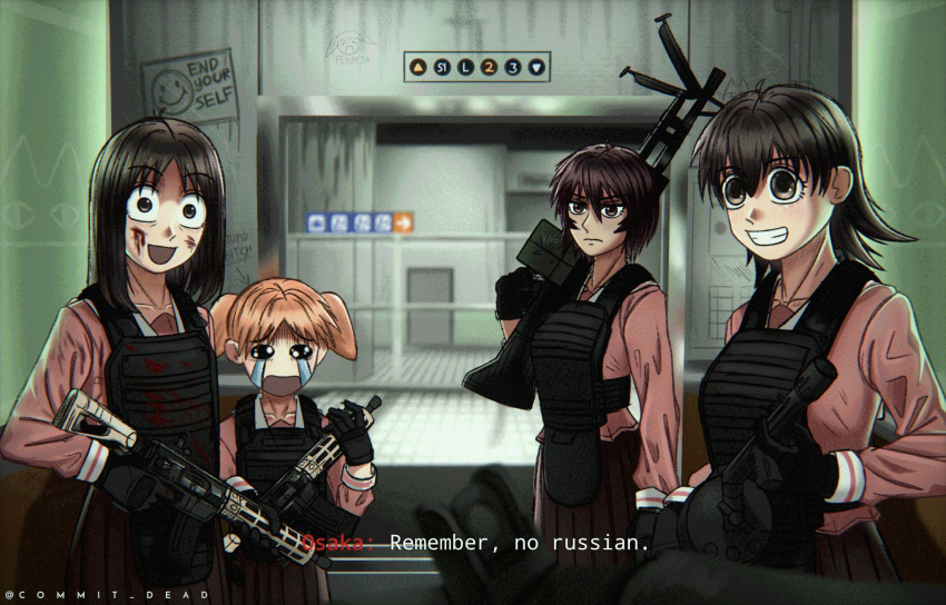 airport, assault_rifle, azumanga_daioh, azumanga_daioh's_school_uniform, black_vest, blood, blood_on_face, brown_eyes, brown_hair, brown_skirt, bulletproof_vest, call_of_duty, call_of_duty:_modern_warfare_2, commit_dead, elevator, english_text, graffiti, grin, gun, highres, holding, holding_gun, holding_weapon, kagura_(azumanga_daioh), kasuga_ayumu, meme, mihama_chiyo, mihama_chiyo's_father, no_russian_(meme), orange_hair, parody, pink_shirt, profanity, rifle, scene_reference, school_uniform, shirt, skirt, smile, subtitled, takino_tomo, teeth, twintails, vest, weapon