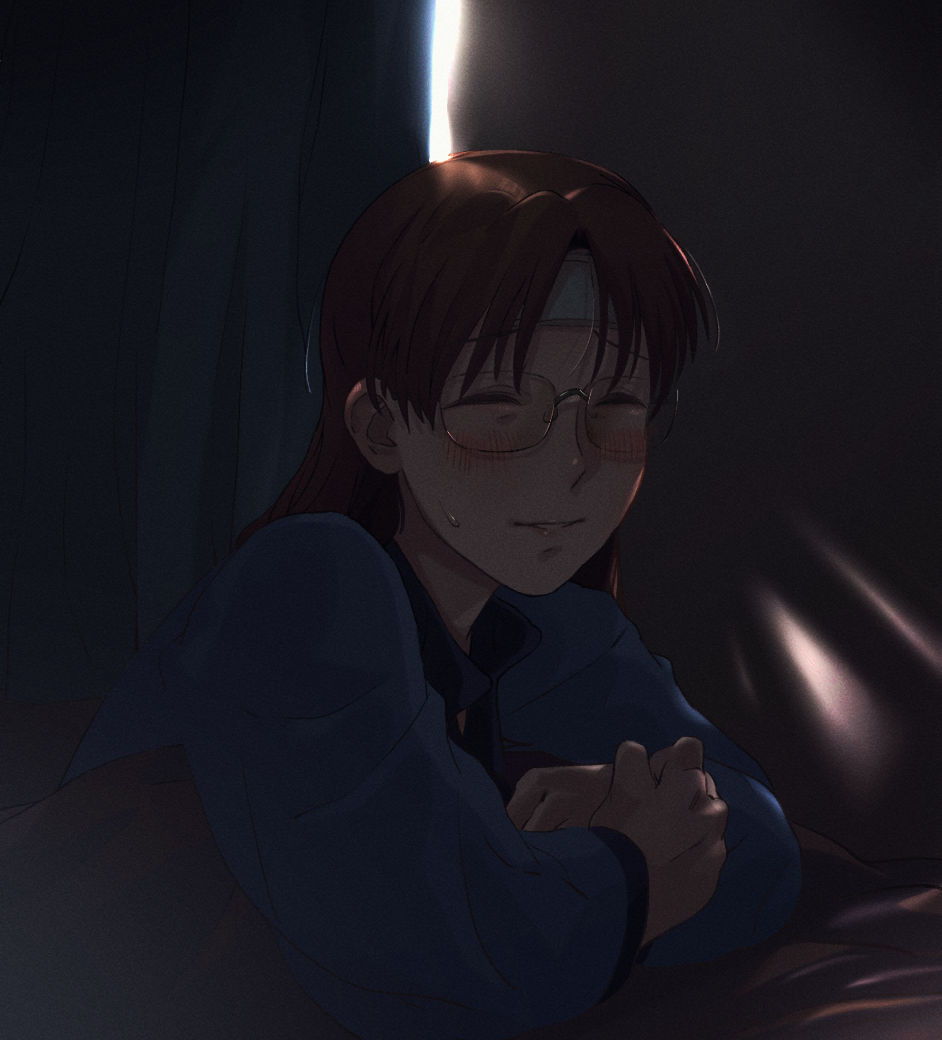 1girl, azumanga_daioh, blue_kimono, blush, brown_hair, closed_eyes, glasses, headband
