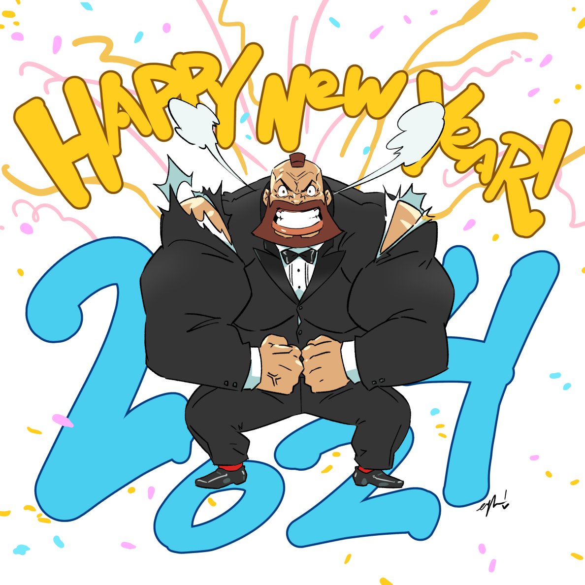 1boy, 2024, alternate_costume, clenched_hands, deformed, eric_huang, flexing, grin, happy_new_year, head_steam, large_pectorals, legs_apart, looking_at_viewer, male_focus, mature_male, mohawk, muscular, muscular_male, pant_suit, pants, pectorals, puff_of_air, short_hair, smile, solo, street_fighter, suit, tearing_clothes, thick_eyebrows, torn_clothes, zangief