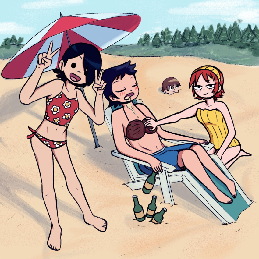2boys, 2girls, beach, beer_bottle, black_eyes, black_hair, blue_swim_trunks, blush