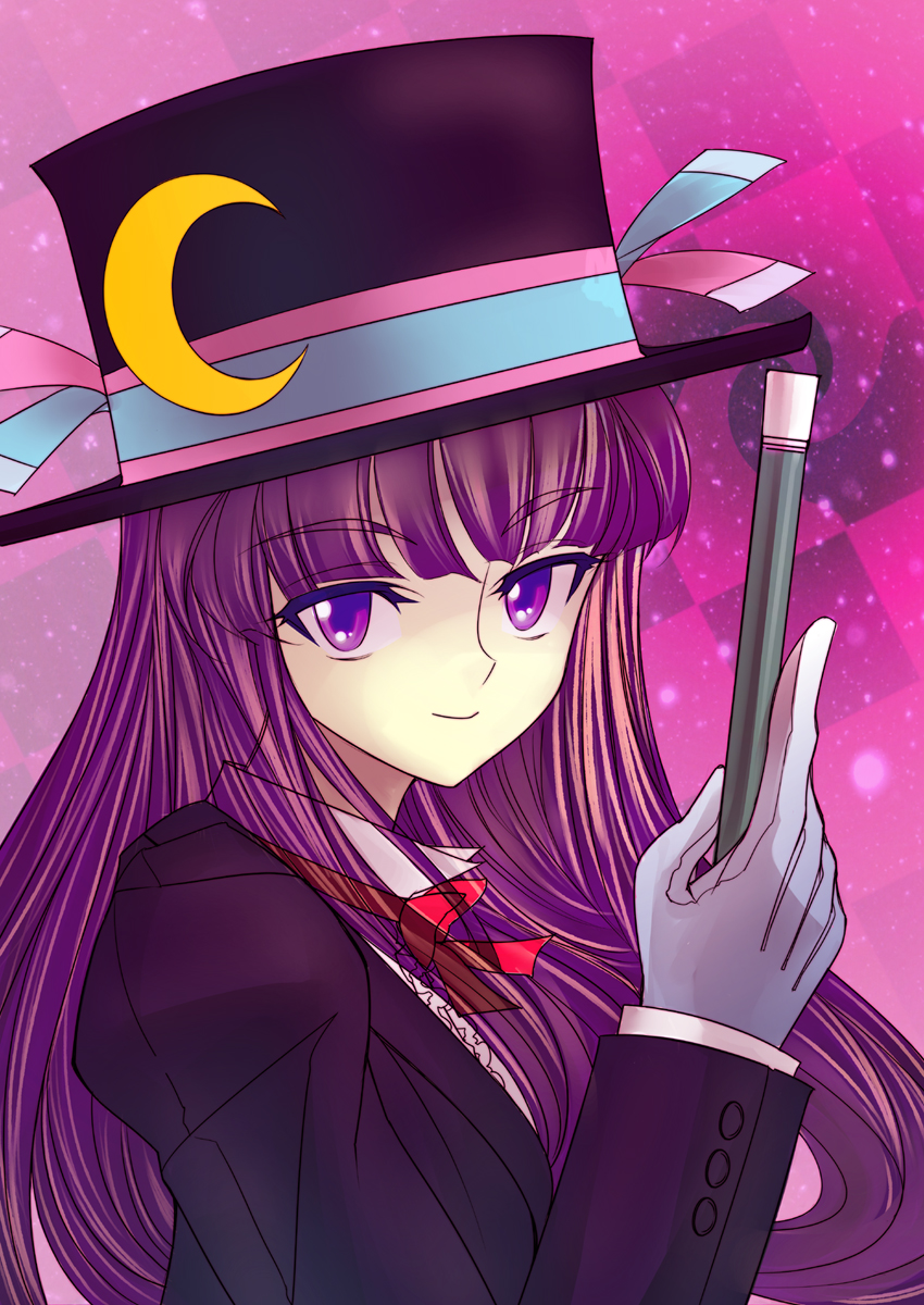 gloves, hat, highres, magician, pant_suit, patchouli_knowledge, purple, purple_eyes, purple_hair, rsk, smile, solo, suit, top_hat, touhou, wand