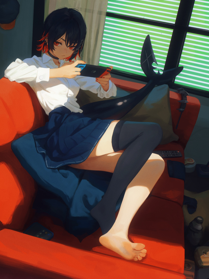1girl, absurdres, barefoot, black_hair, casual, corrupted_twitter_file, couch, earrings