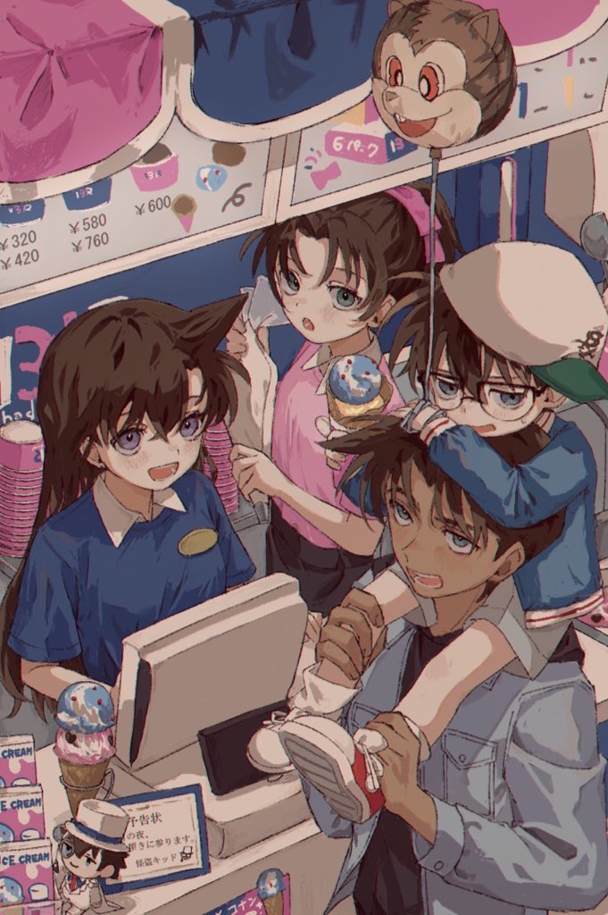 2boys, 2girls, balloon, baskin-robbins, blue_eyes, breasts, brown_hair, carrying