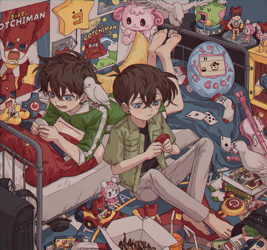 2boys, barefoot, bedroom, bird, blue_eyes, book, box, brown_hair