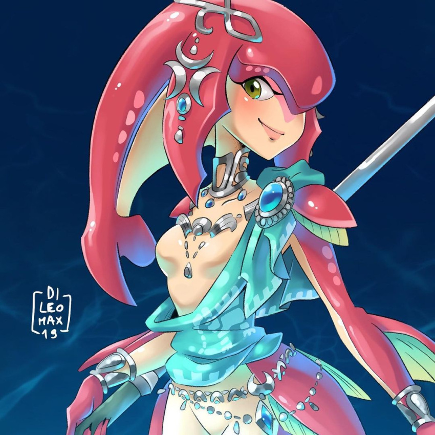 1girl, blush, bracelet, champion's_tunic_(zelda), collar, dileomax, fish_girl, hair_ornament, holding, holding_trident, holding_weapon, jewelry, mipha, monster_girl, polearm, the_legend_of_zelda, the_legend_of_zelda:_breath_of_the_wild, trident, weapon, yellow_eyes, zora