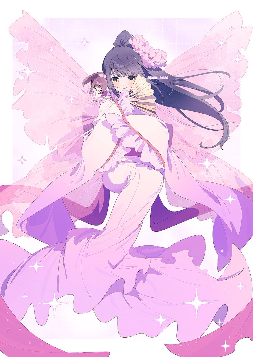 1boy, 1girl, back_bow, black_hair, blunt_bangs, border, bow, brown_hair