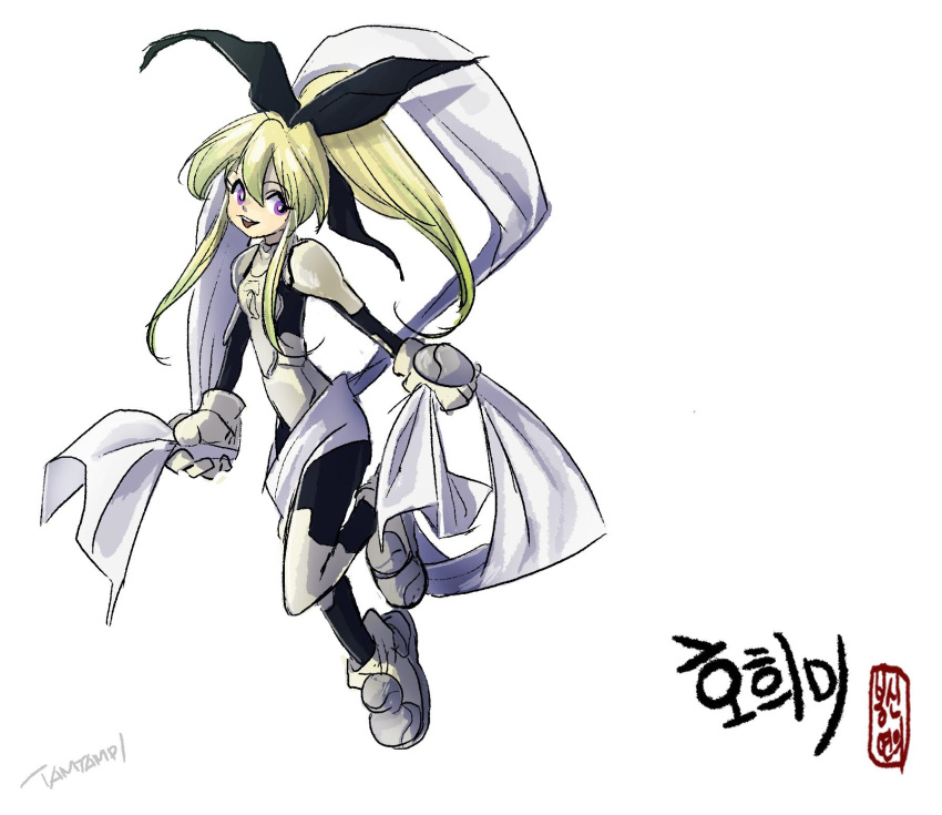 1girl, artist_name, black_ribbon, blonde_hair, bodysuit, commentary_request, full_body, gloves