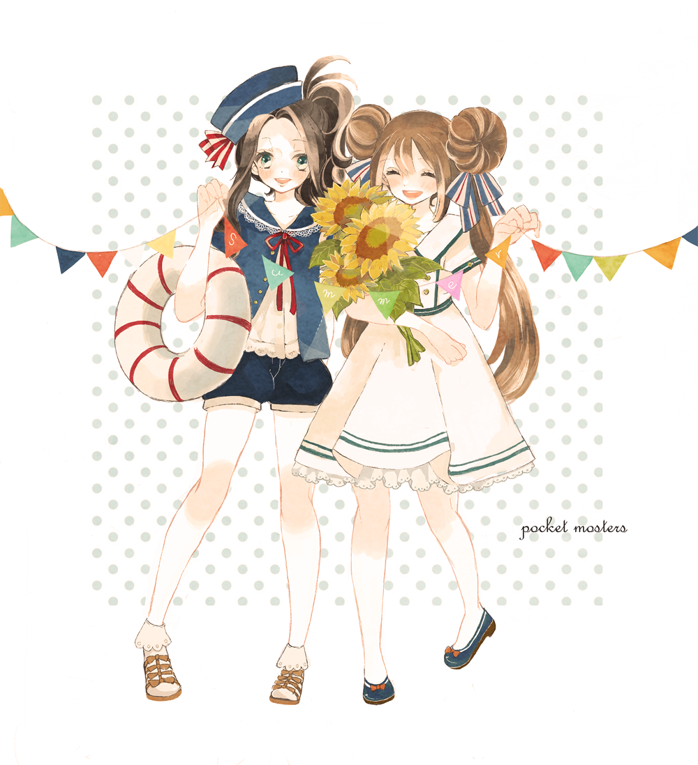 2girls, blush, bouquet, brown_hair, closed_eyes, copyright_name, double_bun, dress