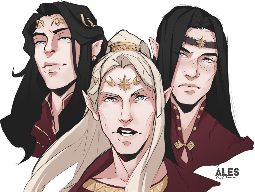 3boys, ales, artist_logo, black_hair, blonde_hair, blue_eyes, brothers, caranthir, celegorm, circlet, closed_mouth, commentary, cropped_shoulders, curufin, elf, freckles, gold_trim, hair_ornament, high_collar, high_ponytail, highres, jewelry, long_hair, looking_at_viewer, male_focus, multiple_boys, open_mouth, pointy_ears, ponytail, red_shirt, shirt, siblings, simple_background, smile, smirk, the_silmarillion, tolkien's_legendarium, white_background