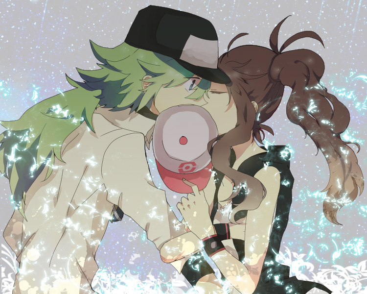1girl, antenna_hair, bad_id, bare_shoulders, baseball_cap, blue_eyes, brown_hair, closed_eyes, colored_eyelashes, couple, green_eyes, green_hair, hat, hat_removed, high_ponytail, kiss, long_hair, male, n_(pokemon), nintendo, pokemon, pokemon_(game), pokemon_black_and_white, pokemon_bw, ponytail, sparkle, touko_(pokemon), vest, wristband, ws_(pixiv)