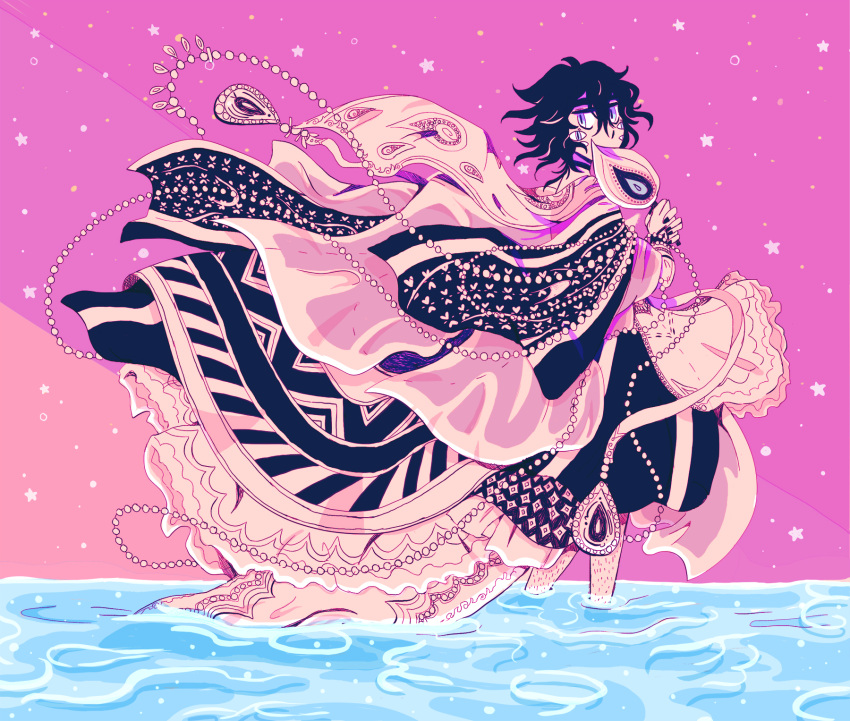 1other, androgynous, commentary, deltahead, english_commentary, extra_eyes, from_side, hand_fan, highres, holding, holding_fan, jewelry, looking_at_viewer, nail_polish, necklace, original, pearl_necklace, short_hair, standing, wading, water