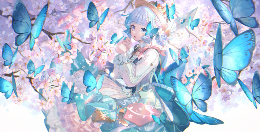 1girl, blue_butterfly, bug, butterfly, cherry_blossoms, chromatic_aberration, cowboy_shot, genshin_impact, hands_up, highres, isa_(suisuihoi), kamisato_ayaka, kamisato_ayaka_(springbloom_missive), parted_lips, solo, split_mouth, wind