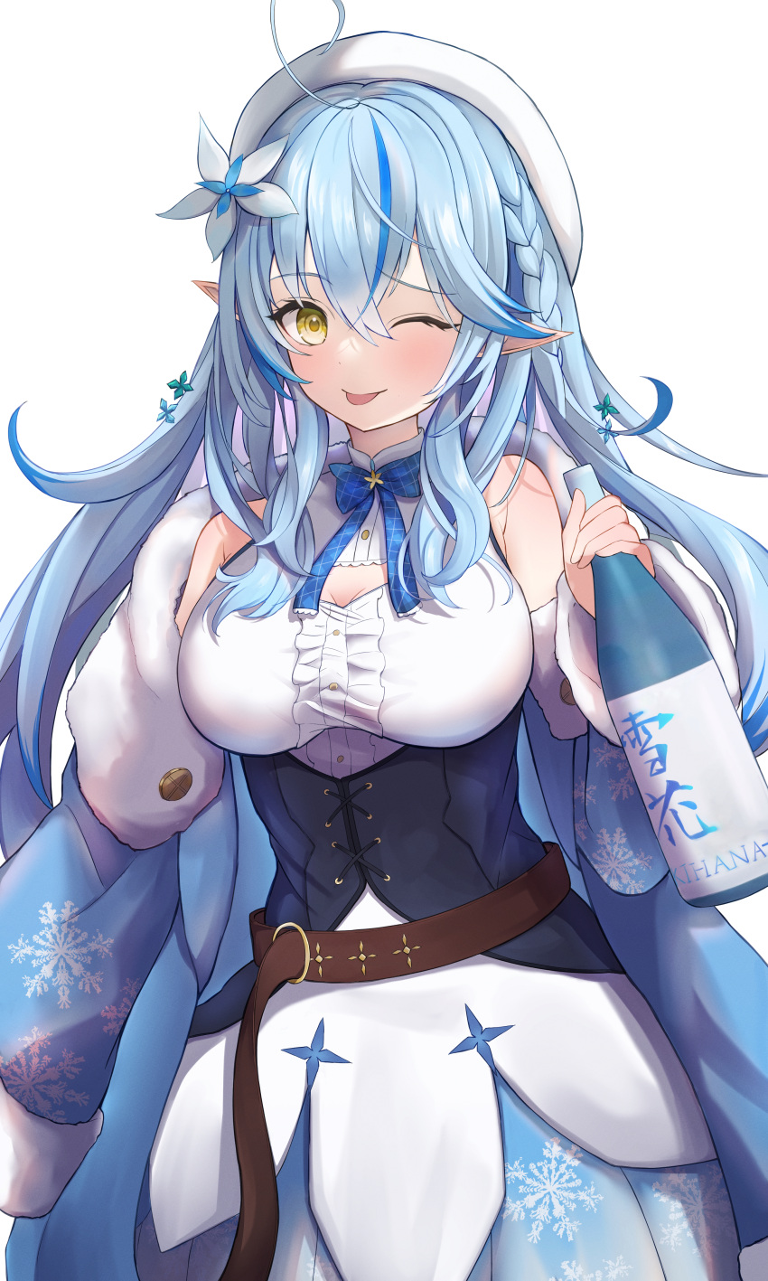 1girl, absurdres, ahoge, belt, beret, blue_coat, blue_hair, blue_skirt
