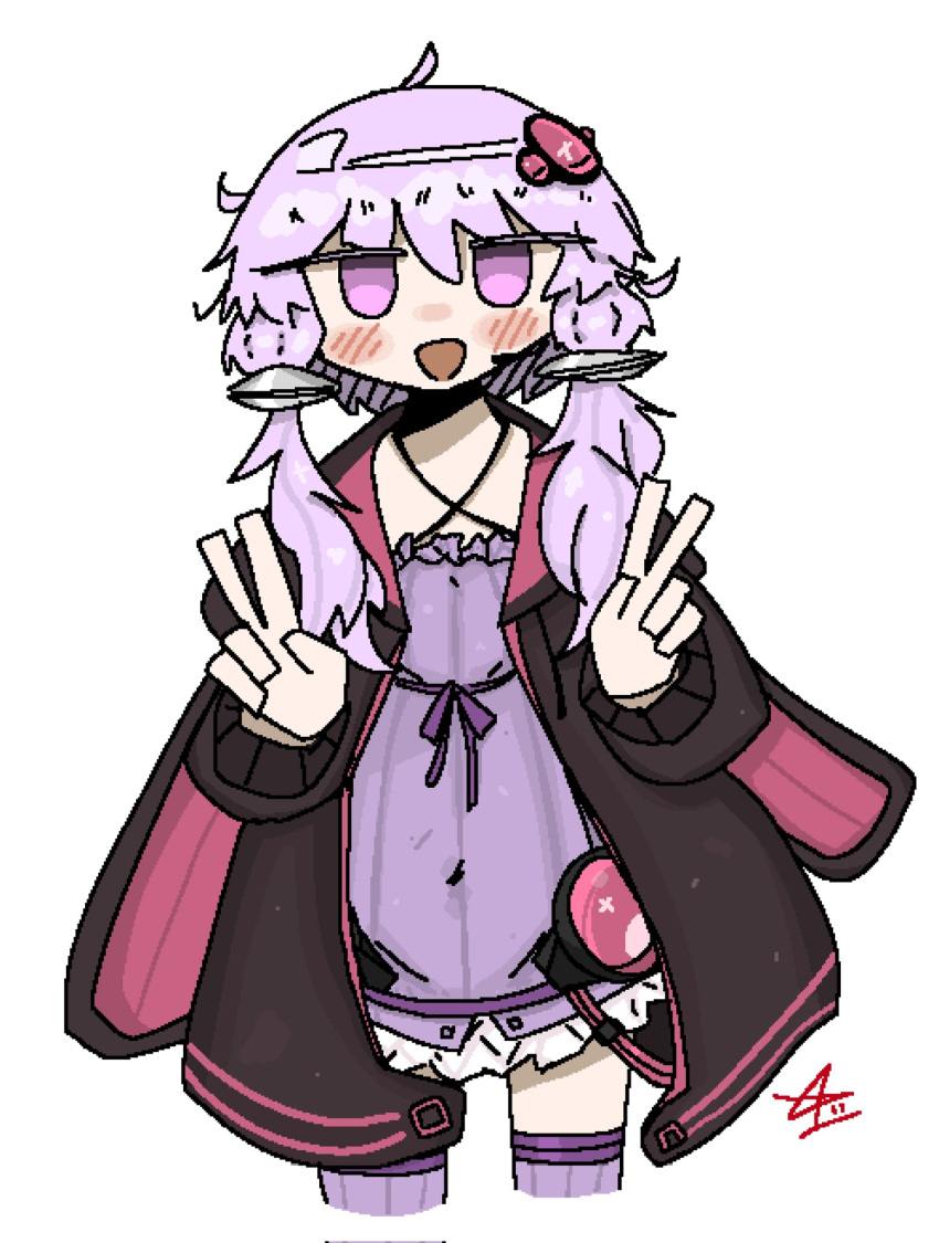 1girl, ahoge, ashenov, black_jacket, blush_stickers, camisole, double_v, hair_ornament
