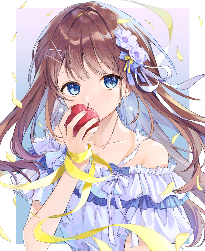 1girl, absurdres, apple, bare_shoulders, blue_eyes, brown_hair, comitia_142, dot_nose