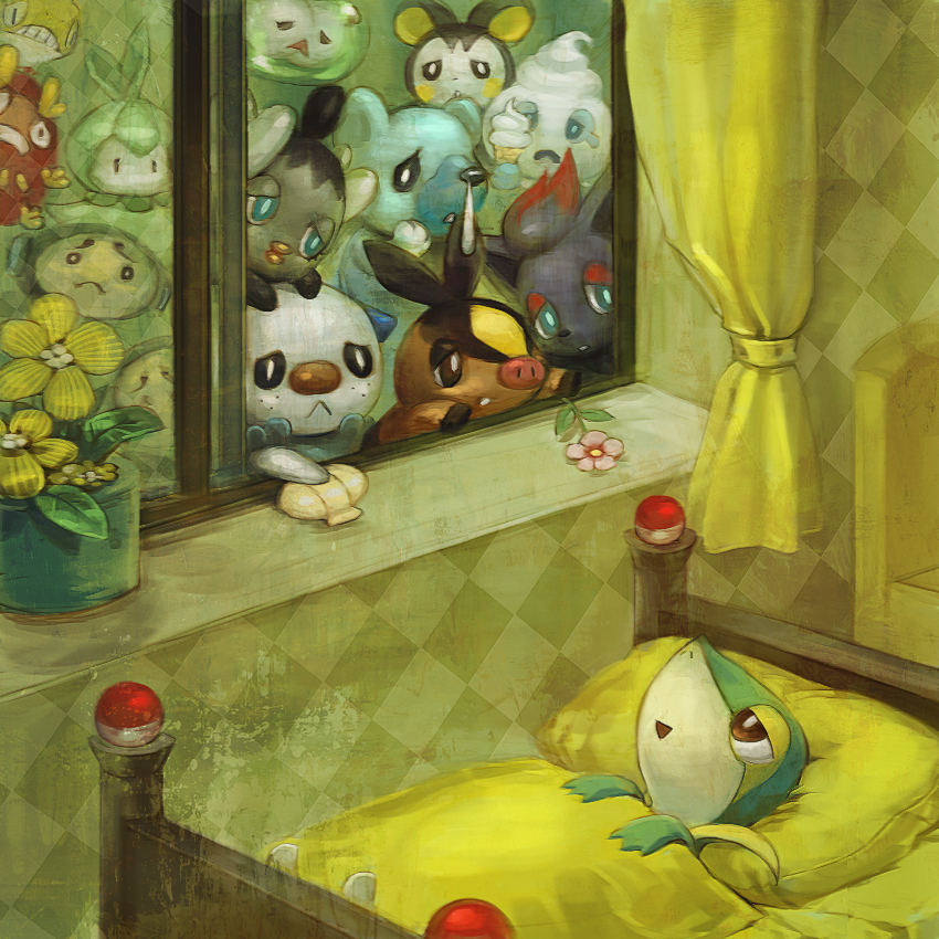 bed, cubchoo, darumaka, emolga, flower, food, gothita, ice_cream, kabu_kabu, no_humans, oshawott, petilil, pokemon, pokemon_(creature), pokemon_(game), pokemon_black_and_white, pokemon_bw, sad, scraggy, shell, sick, snivy, solosis, tepig, tympole, vanillite, zorua
