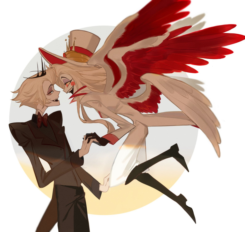 1boy, 1girl, black_suit, blonde_hair, colored_sclera, commentary_request, crown, eye_contact, feathered_wings, flying, genderswap, genderswap_(ftm), genderswap_(mtf), hat, hazbin_hotel, hetero, highres, hizpzp, holding_hands, husband_and_wife, korean_commentary, lilith_(hazbin_hotel), long_hair, looking_at_another, lucifer_morningstar_(hazbin_hotel), multiple_wings, purple_sclera, red_eyes, short_hair, suit, white_suit, wings, yellow_sclera