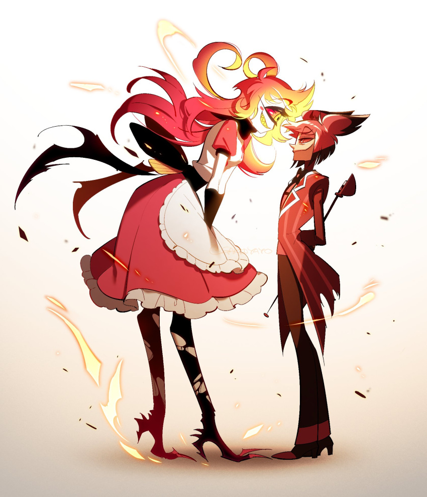 1boy, 1girl, aged_up, alastor_(hazbin_hotel), arms_behind_back, black_hair, cane, colored_sclera