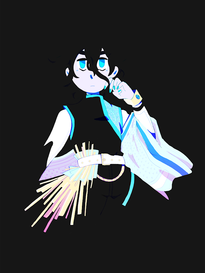 1boy, belt, black_background, black_hair, black_shirt, blending, blue_eyes, blue_nails