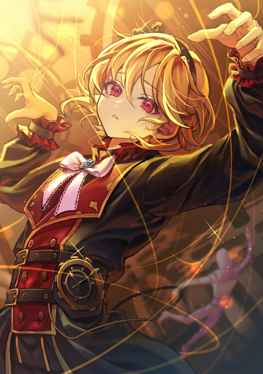 1boy, absurdres, arched_back, arms_up, belt, bow, cowboy_shot, dropped_object
