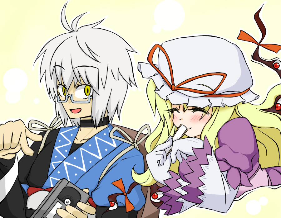 folding_fan, gap, glasses, hat, morichika_rinnosuke, sag, touhou, videotape