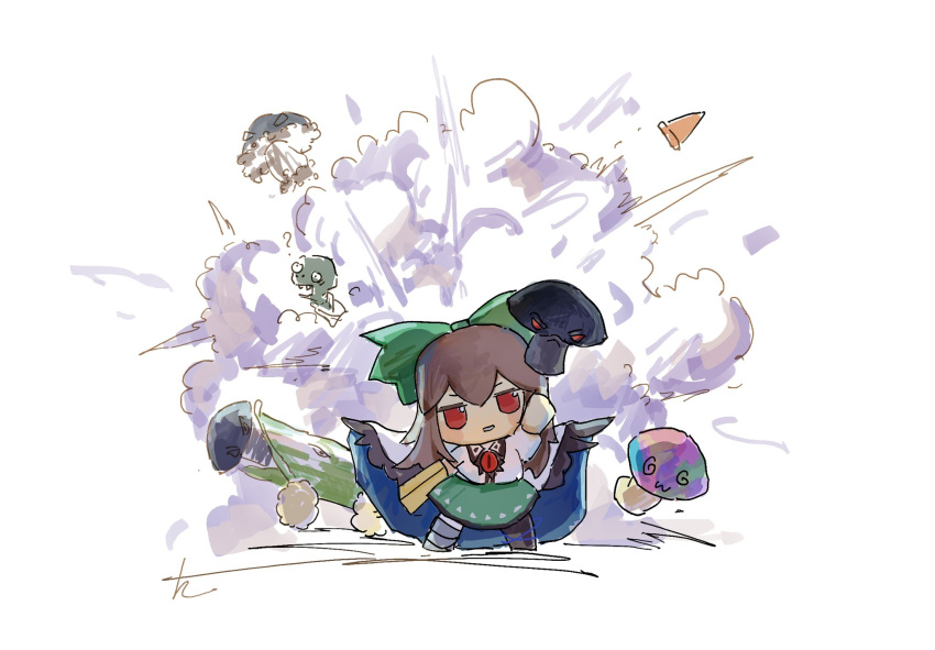 1girl, ?, arm_cannon, asymmetrical_legwear, bird_wings, black_wings, blue_cape, brown_hair, cape, cob_cannon_(plants_vs_zombies), collared_shirt, control_rod, doom-shroom_(plants_vs_zombies), explosion, fumo_(doll), ge_dazuo, green_skirt, highres, hypno-shroom_(plants_vs_zombies), long_hair, plants_vs_zombies, plants_vs_zombies_hybrid, red_eyes, reiuji_utsuho, shirt, short_sleeves, skirt, third_eye, third_eye_on_chest, touhou, traffic_cone, uneven_legwear, weapon, white_shirt, wings, zombie_(plants_vs_zombies)