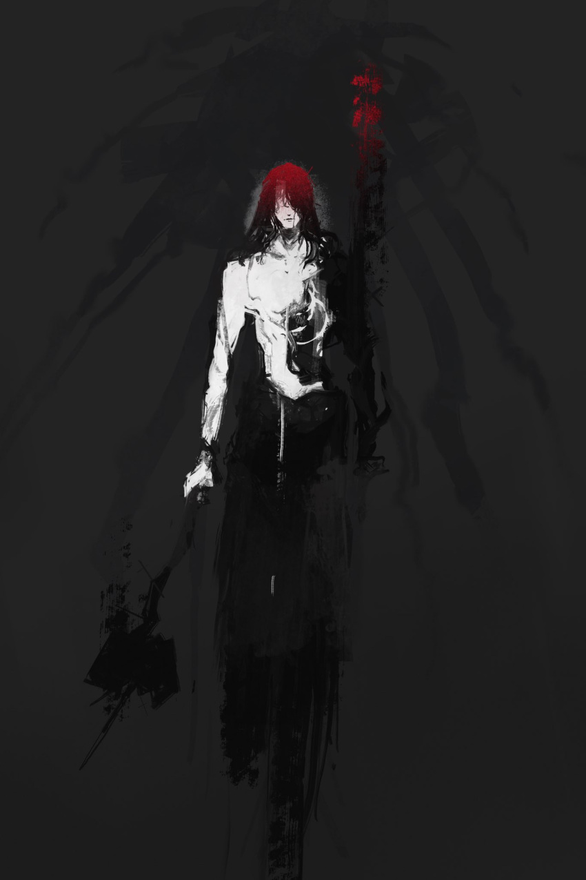 1boy, armlet, black_armlet, black_background, black_bracer, black_hair, black_hammer, black_pants